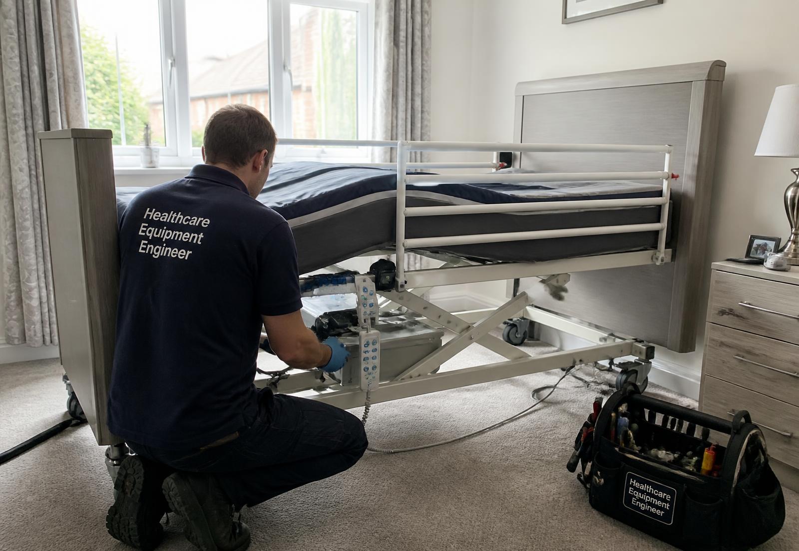 Healthcare equipment engineer commissioning an electric profiling care bed in a home setting